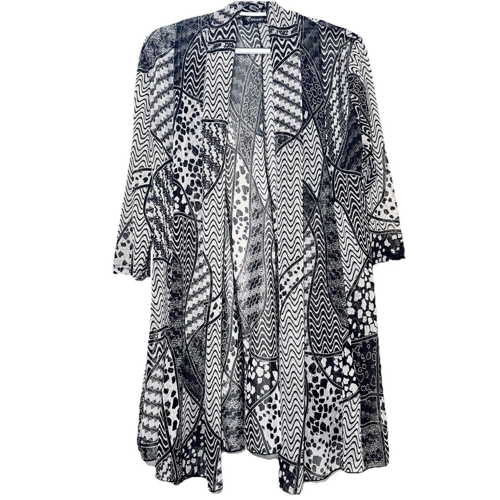 Creation by Creation Women M Black White Abstract Open Front Cardigan Jacket